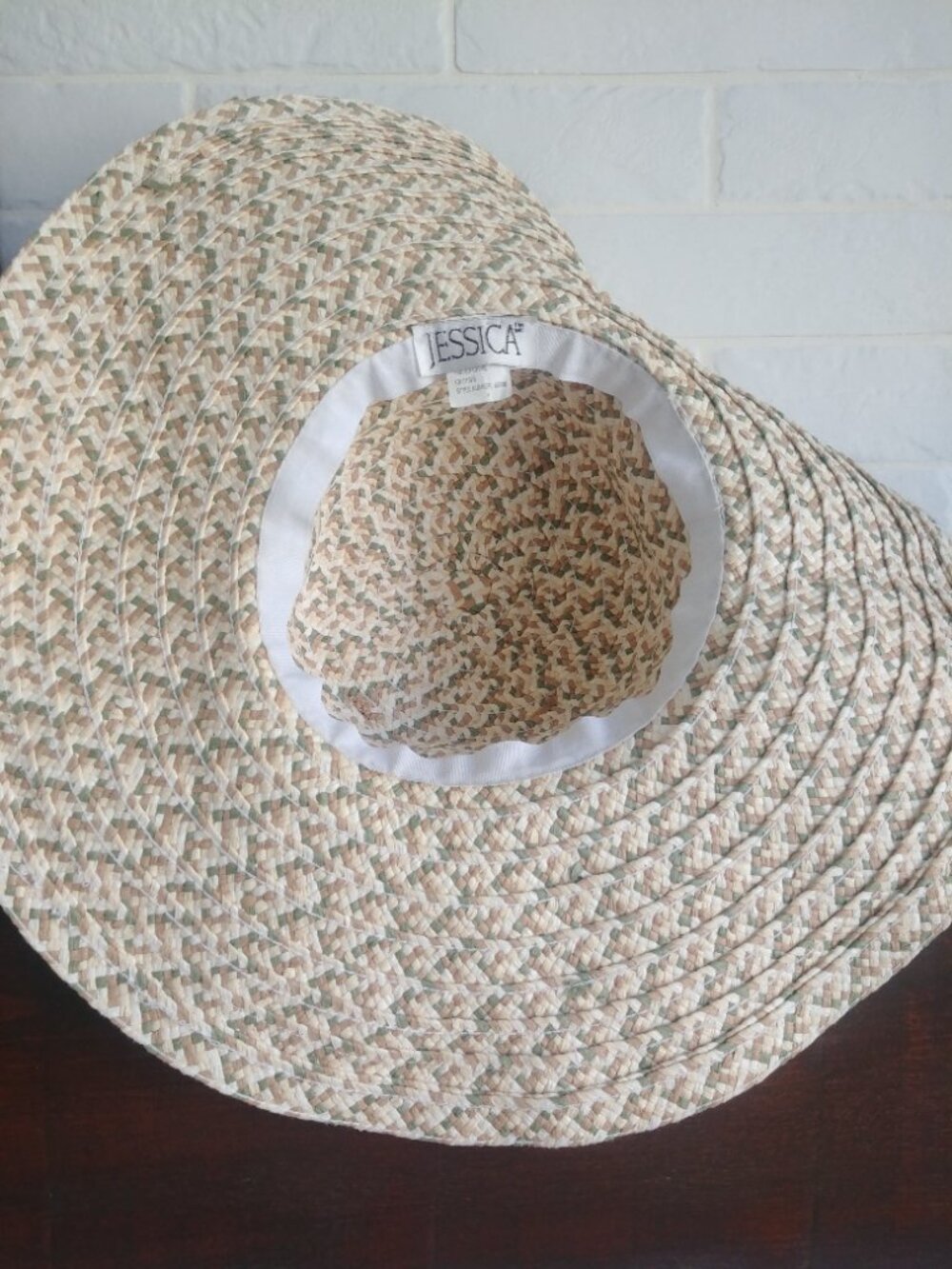 Floppy wide brim 100% paper woven straw hat cream tan brown green - Picture 9 of 14